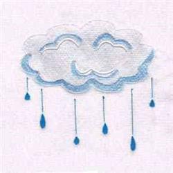 Cheerful light blue cloud with playful curves and hanging blue raindrops in a whimsical style.