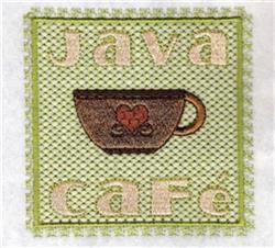 Modern coffee cup with heart designs, featuring 'JAVA' and 'CAFE' in soft beige on a light green background.