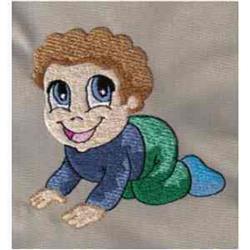 Colorful cartoon child crawling with curly brown hair, cheerful smile, and vibrant blue shirt with green pants.