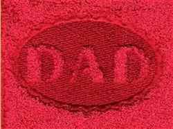 Text-based embroidery patch featuring 'DAD' on a red oval background with distinct texture, perfect for Father's Day.