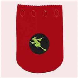 Stylized dragon silhouette in applique on a red background with a black patch and vibrant green details.