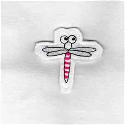 Cartoonish dragonfly in cross shape with large eyes, pink stripes, and blue wings on white background.