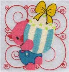 Cute cartoon bear in pink overalls holds a striped Easter egg with a yellow bow, surrounded by cheerful swirls.
