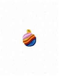 Colorful decorative egg ornament with multi-colored stripes, oval shape, and yellow hanging loop for Easter.