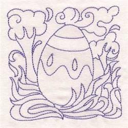Easter egg in simple line art, featuring wavy accents and eyes, surrounded by whimsical clouds and grass.