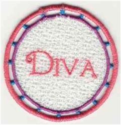 FSL patch featuring the word 'Diva' in playful pink on a white circle, outlined in pink with blue detailing.