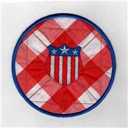 FSL circular patch showcasing a blue shield with white stars, set against a vibrant red plaid for a festive Fourth of July.
