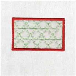 Geometric patch with a red border, green stitching on a white background, featuring a clean and minimalistic design.