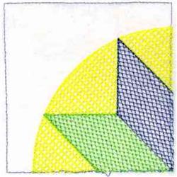 Geometric quilt patchwork with vibrant yellow quarter-circle, green triangle, and blue section on a white background.