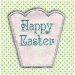 Playful Easter greeting with teal 'Happy Easter' text on pale pink shape, light green polka dots.