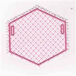 Hexagonal pattern featuring a pink outline and grid design, accented with a zigzag stitch. Ideal for crafts.