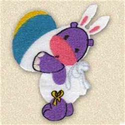 Applique cartoon hippo in a white outfit joyfully holds a blue and yellow Easter egg with bunny ears.