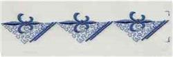 Lacy triangular elements adorned with ornamental swirls and floral patterns in an elegant blue color scheme.