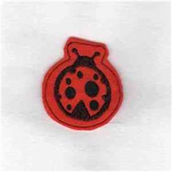 Bold ladybug applique in playful circular shape, vibrant red with black spots, perfect for children's accessories.