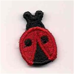 Playful ladybug in red and black with distinct round shapes and cute black dot eyes, perfect for children's items.