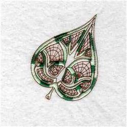 Intricate leaf design in green and brown threads on a soft white background, showcasing modern botanical artistry.