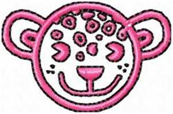 Cartoon leopard face with pink outline, smiling expression, and distinct spots; ideal for playful children's accessories.