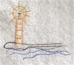 Lighthouse in warm tones radiates sunlight, surrounded by smooth blue waves on a textured white background.