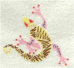 Colorful lizard in playful crawling pose, featuring vibrant yellow and pink with brown accents.