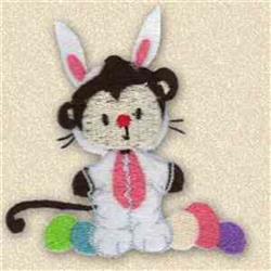 A cute monkey in a rabbit costume with pink ears stands atop colorful eggs, perfect for Easter celebrations.