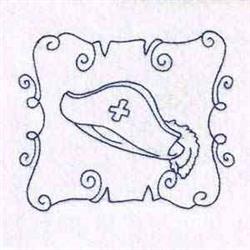 Minimalist nurse's cap with a small cross symbol, outlined in line art and surrounded by a decorative swirled border.