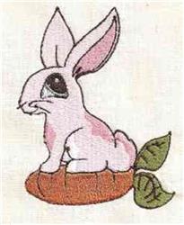 Whimsical pink rabbit with large ears sits on a carrot with green leaves, perfect for Easter decor.