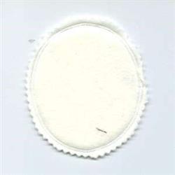 Applique blank oval patch in white, featuring scalloped edges and fabric texture, designed for simple embroidery projects.