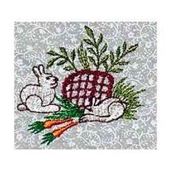 Whimsical rabbit beside a colorful basket filled with vibrant carrots, evoking a cheerful Easter scene.