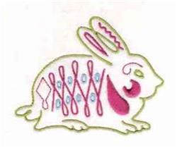 Playful rabbit in Applique style with a white body, pink and blue patterns, outlined in green for Easter.