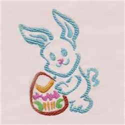 Applique light blue rabbit playfully leans against a colorful Easter egg in soft pastels for Easter projects.