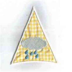 Applique yellow and gray rain cloud with blue raindrops on a yellow gingham triangular patch, playful spring design.
