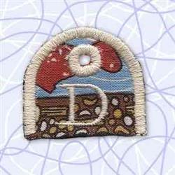 Embroidery patch featuring a playful red letter 'D' on a blue background with brown dotted texture.