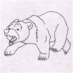 Redwork bear in a fierce growl position, detailed muscular outline on light fabric, showcasing dynamic pose.