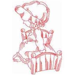 Redwork whimsical person in a nightgown sitting on a wooden bed, displaying playful lines and charm.