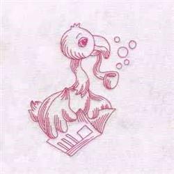 Redwork bird playfully holding a pipe, surrounded by whimsical bubbles on a light background.