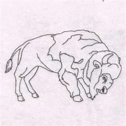 Redwork bison with shaggy fur outlines and strong profile, showcasing minimalist line art style.