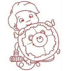 Redwork boy joyfully holding a shield with a bear face, crafted with playful red thread on white.