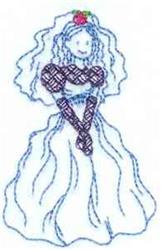 Redwork bride figure with long flowing hair and floral accents, wearing a playful gown for wedding embroidery.