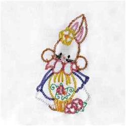 Redwork bunny in a crown holds a colorful Easter egg amidst vibrant flowers, perfect for festive spring decorations.