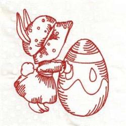 Redwork bunny in a polka-dotted hat gently touches a decorated Easter egg in a playful scene.
