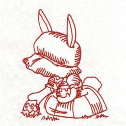 Redwork bunny in a vintage outfit holding an Easter egg, surrounded by grass, capturing a playful Easter theme.