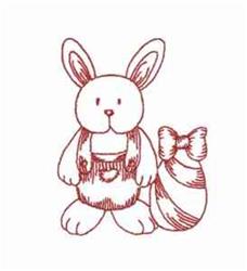 Redwork bunny with suspenders and large ears beside a striped Easter egg, perfect for festive celebrations.