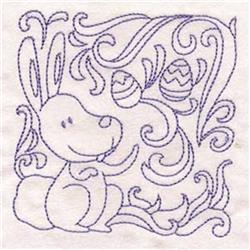 Redwork bunny surrounded by swirls and two decorated Easter eggs; a cheerful design for spring-themed projects.