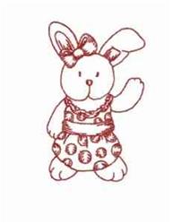 Redwork bunny waving with a dressed polka-dotted outfit and a big bow, perfect for Easter festivities.