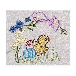 Redwork chick surrounded by colorful Easter eggs and floral accents creates a playful spring design.