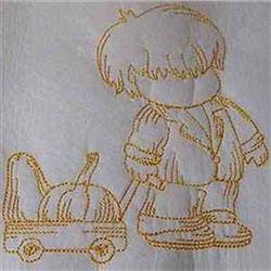 Redwork child with a rounded head pulling a wagon filled with a pumpkin, capturing a whimsical fall theme.