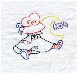 Redwork character with a cloud-shaped head, colorful striped socks, and a playful bat, perfect for Halloween.