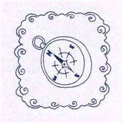 Redwork compass outline with a swirled frame, featuring thin lines and a minimalist design.