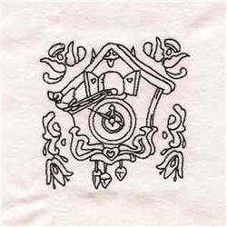 Redwork cuckoo clock featuring heart motifs and floral designs in whimsical line art on a light background.