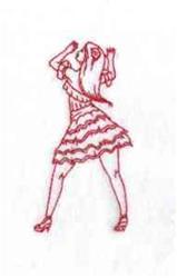 Redwork dancer in a vibrant ruffled dress, captured in a dynamic pose with flowing hair and stylish shoes.